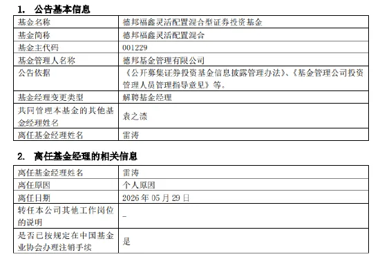 官宣!百亿基金经理雷涛挥别德邦:180亿资产交棒 接任者已就位
